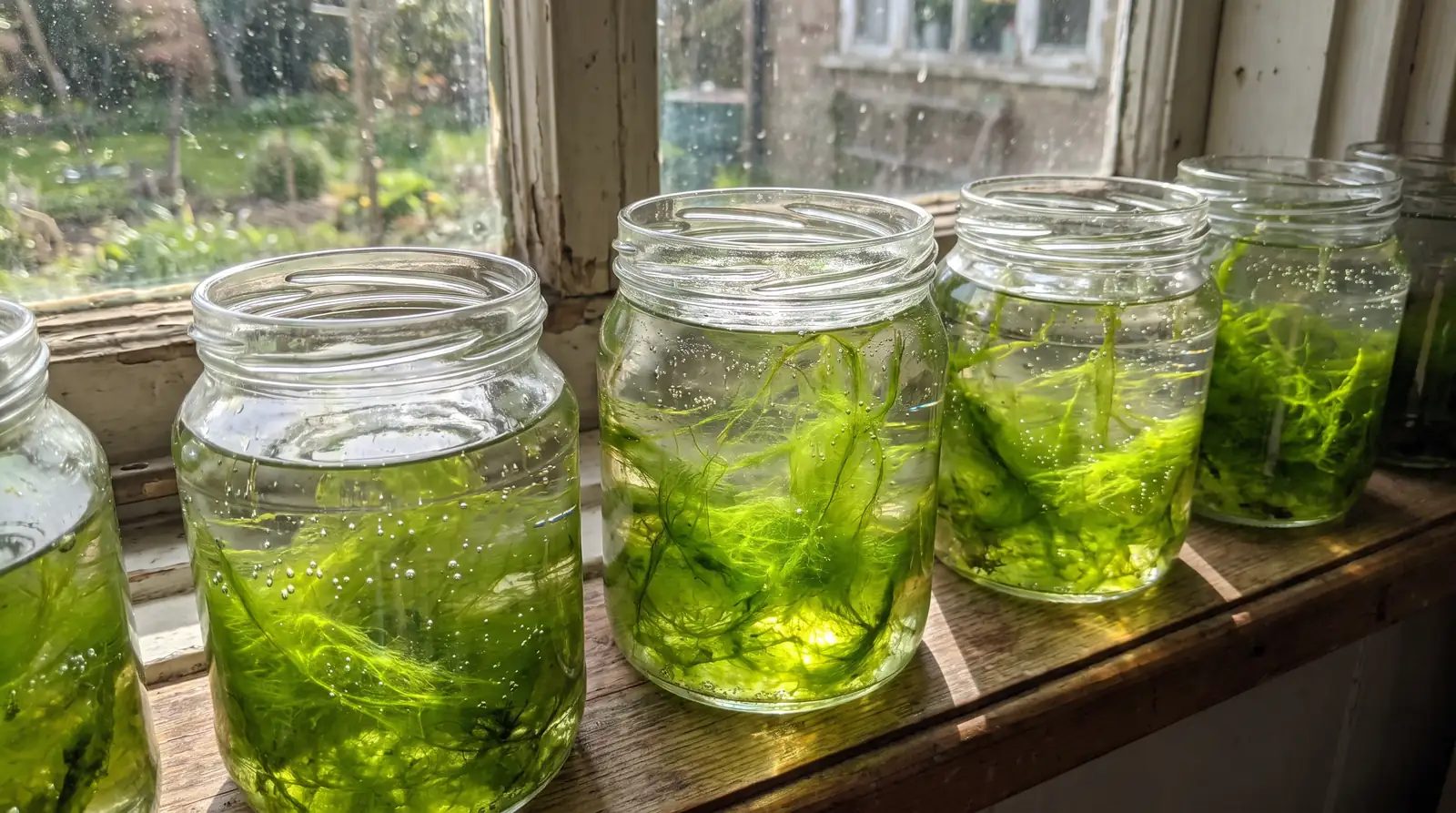 Leuchtend grüne Algen in Wasser in einfachen Glasgefäßen am Fenster