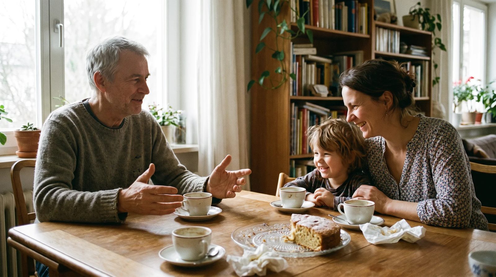 Mann Anfang sechzig erzählt am Kaffeetisch eine Geschichte, Tochter und Enkelkind lachen