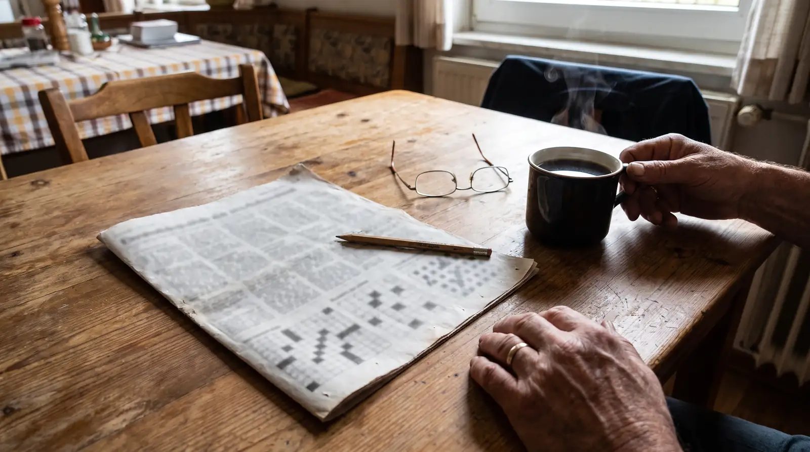 Zeitung mit Kreuzworträtsel, Stift, Lesebrille und eine Tasse Kaffee auf einem Holztisch