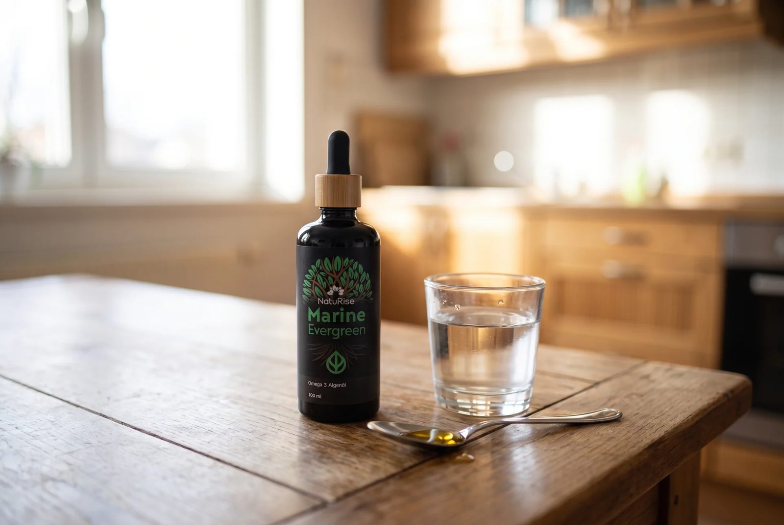 Marine Evergreen Algenöl in der dunklen Glasflasche mit Pipette auf einem Küchentisch, daneben ein Glas Wasser und ein Teelöffel mit Öl